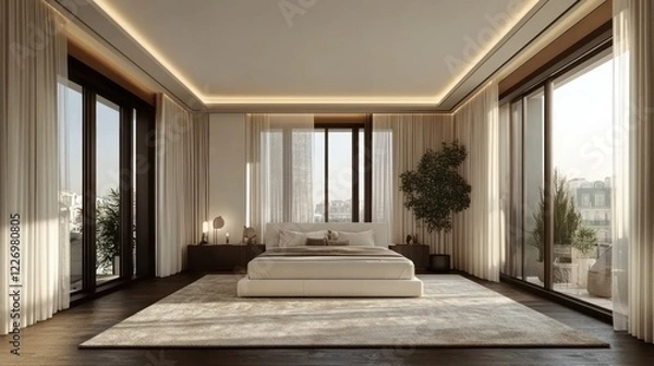 Fototapeta Modern bedroom, city view, sunrise, luxury apartment, interior design