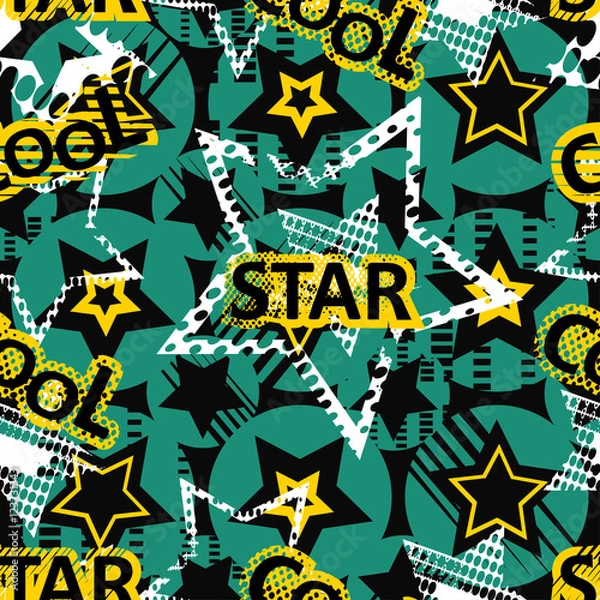 Fototapeta Abstract seamless pattern for girls, boys, clothes. Creative vector background with dots, geometric figures, inscriptions, stars.Funny wallpaper for textile and fabric. Fashion style. Colorful bright.