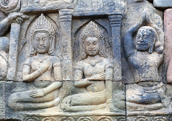 Fototapeta Ancient bas-relief at the Terrace of the Elephants in Angkor, Cambodia