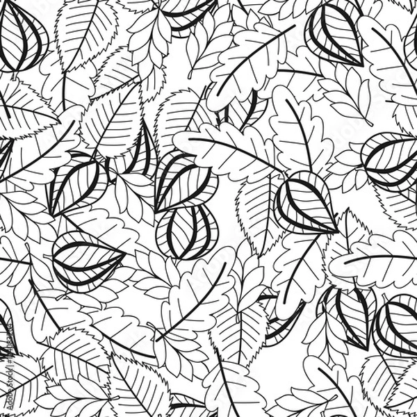 Fototapeta Black and white seamless pattern with flowers, leaves for coloring