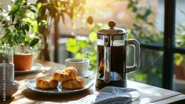 Fototapeta French press coffee maker and pastries on sunny counter