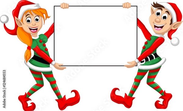 Fototapeta two Christmas elf holding blank sign