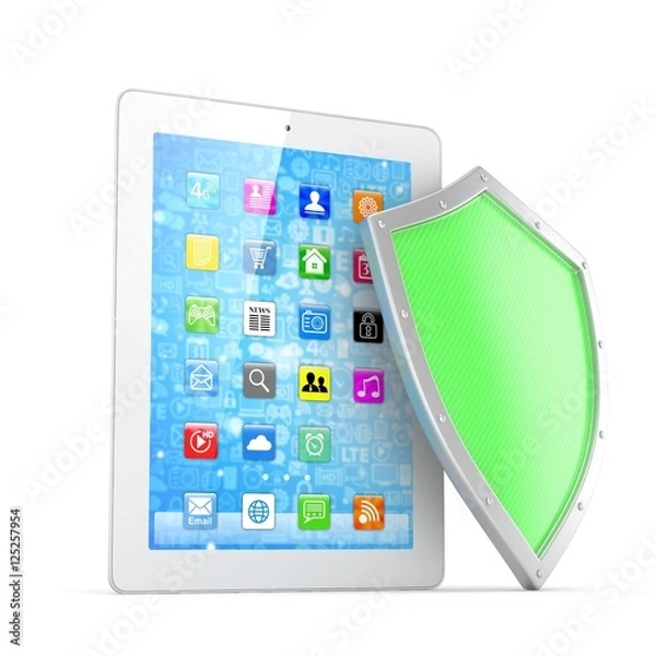 Fototapeta Tablet PC and shield on white device security concept. 3d rendering.