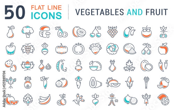 Fototapeta Set Vector Flat Line Icons Vegetables and Fruit