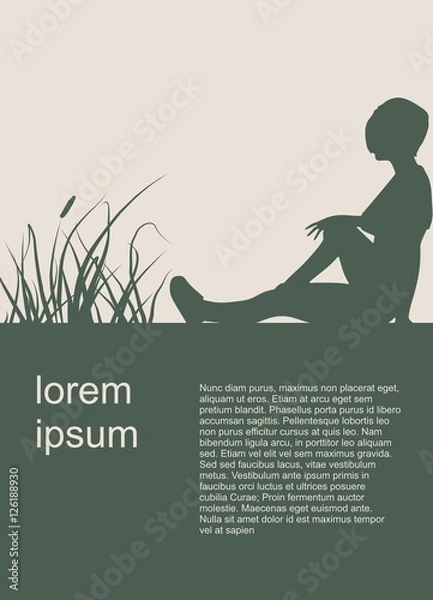 Obraz Sporty woman sits on a floor. Short hair girl silhouette . Fitness Club leaflet. Field for text. Modern vector brochure, report or flyer design template.