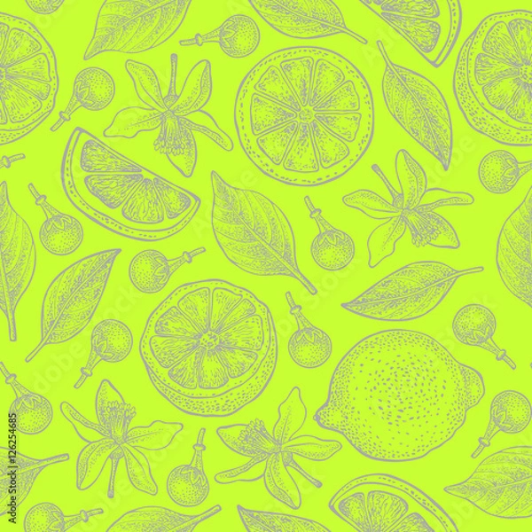 Fototapeta Seamless pattern with lemons, flowers and leaves on lime green color background. Vector hand drawn pattern. Good for packing design, textile industry, wallpapers and backgrounds.