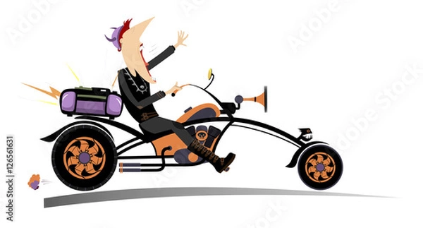 Fototapeta Biker man. Comic man riding a bike with stereo system and singing a song 
