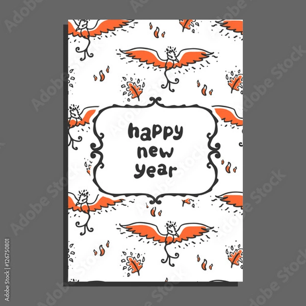 Fototapeta Happy new year greeting card with phoenix and flames. Cute cartoon vector childish pattern on white background