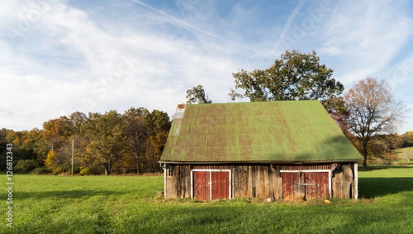 Fototapeta old abandoned barn with red doors and a green roof in Virginia