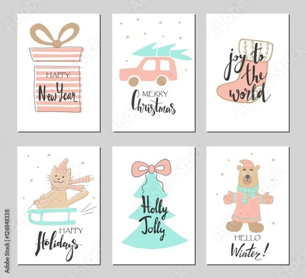 Fototapeta Merry Christmas greeting card set with cute xmas tree, bear, cat on a sleigh, socks, car and gift.