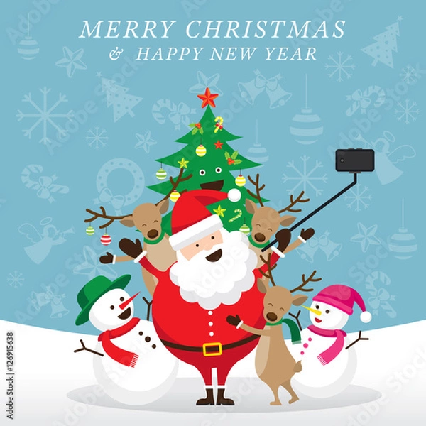 Fototapeta Christmas, Santa Claus and Friends Selfie, Snowman, Snowgirl, Reindeer, Pine Tree. Happy New Year