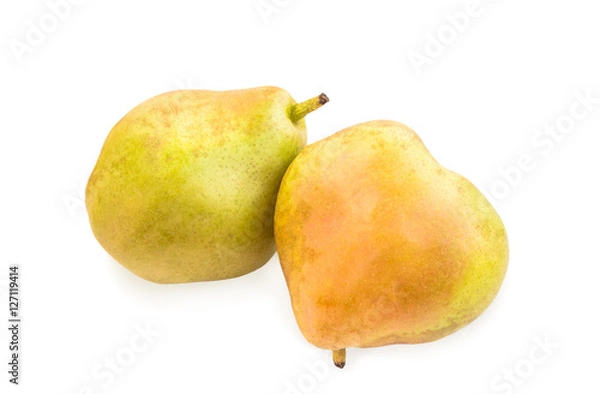 Fototapeta Two blushful ripe pears with spotty pear skin on white.