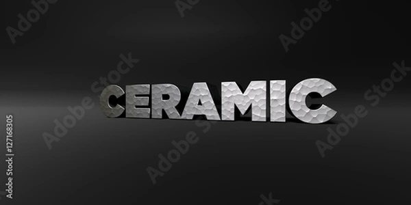 Fototapeta CERAMIC - hammered metal finish text on black studio - 3D rendered royalty free stock photo. This image can be used for an online website banner ad or a print postcard.