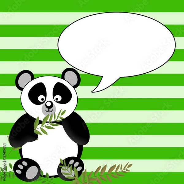 Fototapeta Graphic illustration of cute Panda Bear sitting eating leaves isolated on shades of green stripes background and a text bubble next to him.