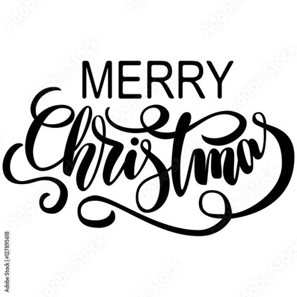 Fototapeta Hand lettering Merry Christmas, black brush calligraphy, isolated on white background. Vector illustration. Can be used for card design.