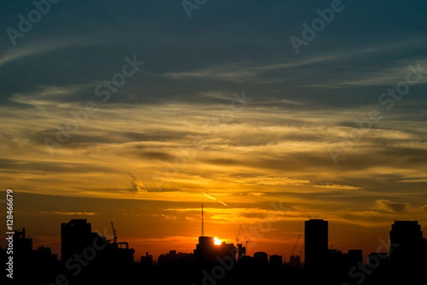 Fototapeta Dawn, sunrise over the city building, downtown