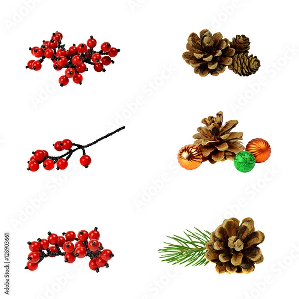 Fototapeta set decoration. Cones, red berries, branches of Christmas trees.