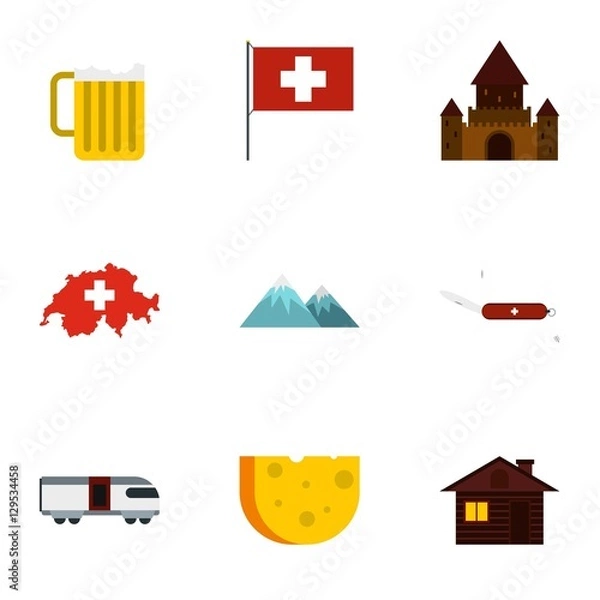 Fototapeta Tourism in Switzerland icons set. Flat illustration of 9 tourism in Switzerland vector icons for web