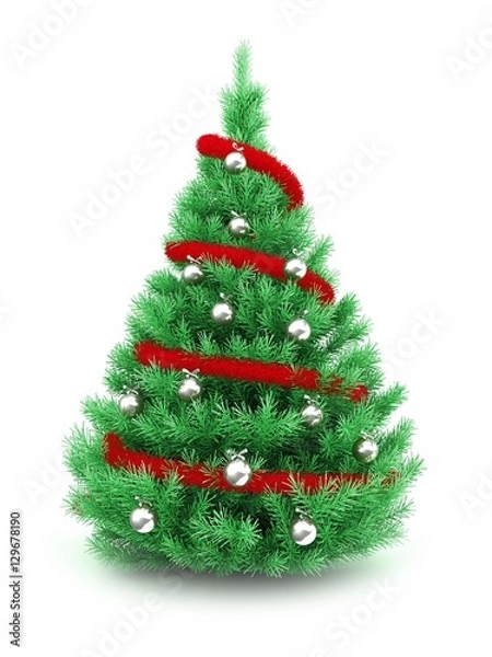 Fototapeta 3d illustration of Christmas tree over white background with red tinsel and chrome balls