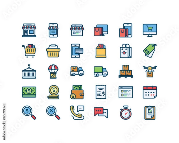 Fototapeta Shop and Delivery filled outline icon set