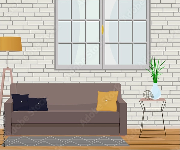 Fototapeta Furniture design. Interior. Sofa with pillows, lamps, window, table, rug