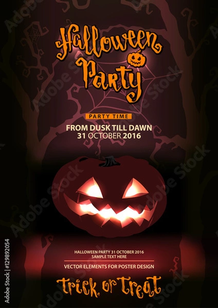 Fototapeta Halloween poster or card. Party invitation with Pumpkin, Spider Web and trees.