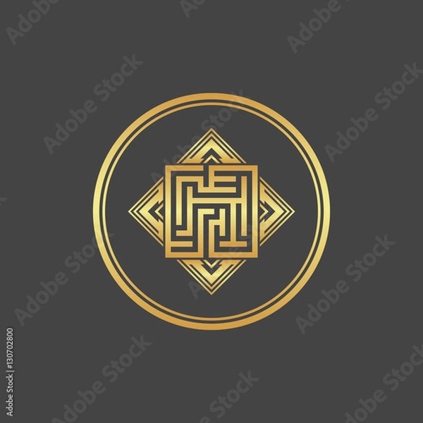 Fototapeta Abstract gold element. Maze emblem. Labyrinth.