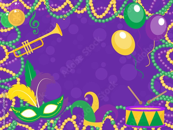 Fototapeta Mardi Gras poster with mask, beads, trumpet, drum, fleur de lis, jester hat, masks, comedy and drama. Mardi Gras Carnival template, flyer, invitation. Fat Tuesday background Vector illustration