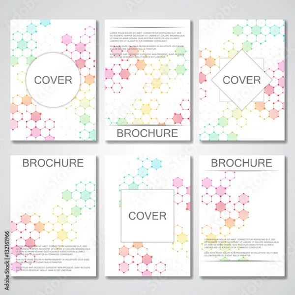 Obraz Set of business templates for brochure, flyer, cover magazine in A4 size. Structure molecule DNA and neurons. Geometric abstract background. Medicine, science, technology. Scalable vector graphics.