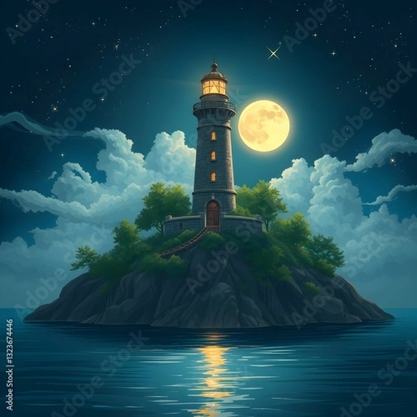 Fototapeta View of a lighthouse on a small island at night in the moonlight