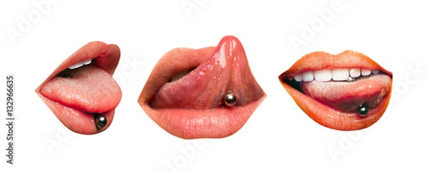 Fototapeta Set of three female lips with piercing in tongue isolated on white background. Sensual girl's mouth, tongue up and down, showing jewelry earrings with white teeth and a natural lipstick on the lips