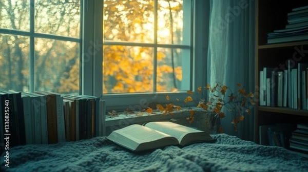 Fototapeta An open book sits near a window during the daytime