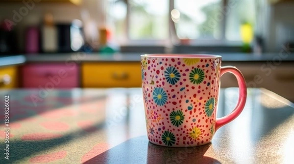 Fototapeta A decorated coffee mug sits on a countertop indoors