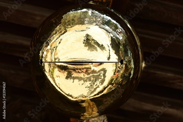 Fototapeta Golden bell hanging on Japanese shrine