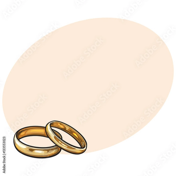 Fototapeta Pair of traditional golden wedding rings, sketch style illustration on background with place for text. Realistic hand drawing of golden rings for bride and groom, symbol of eternal love