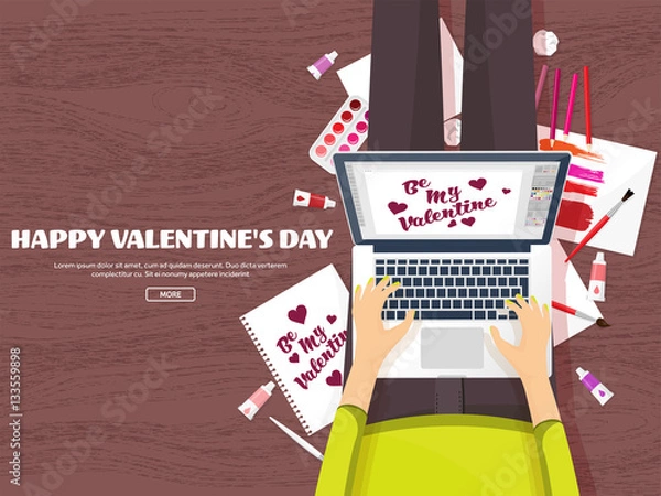 Fototapeta Flat background with paper, envelope. Love, hearts. Valentines day. Be my valentine. 14 february.Vector illustration.