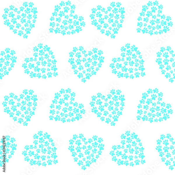 Fototapeta blue heart from traces of paws footprint love pattern seamless v