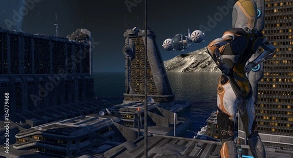 Fototapeta Futuristic Cityscape With Female Alien Soldier 3d Rendering