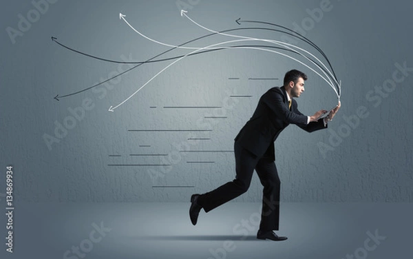 Fototapeta Running businessman with device and hand drawn lines