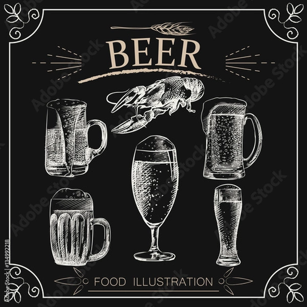 Fototapeta Set of hand drawn beer isolated on chalkboard. Beer sketch elements. Retro hand-drawn vector illustration. Great for poster, banner, voucher, coupon.