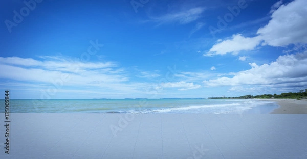 Fototapeta Beach lounge and balconies with sofa and seascape in summer seas