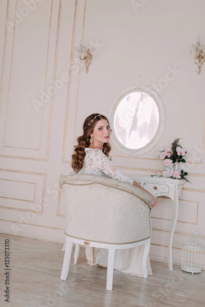 Fototapeta fashion studio photo of beautiful elegant bride with dark hair in luxurious wedding dress