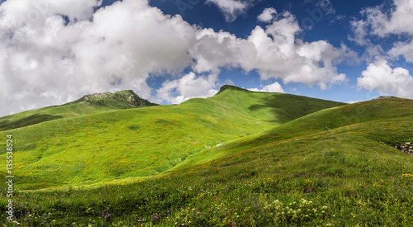 Fototapeta Summer or spring landscape with green hills and trees in mountains