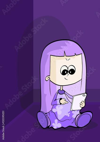 Fototapeta Little girl with a smartphone. Flat vector.