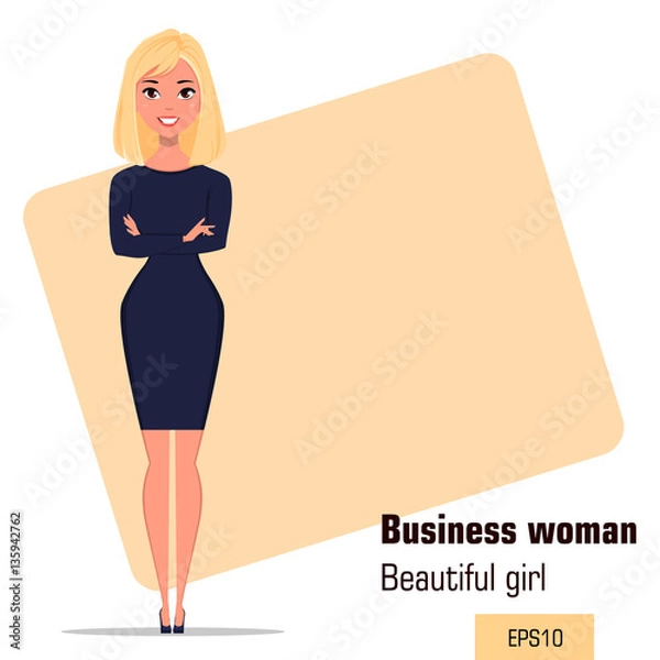 Fototapeta Young cartoon businesswoman standing with crossed hands in office situation. Beautiful girl presenting business plan, startup. Fashionable modern lady. Vector illustration. EPS10