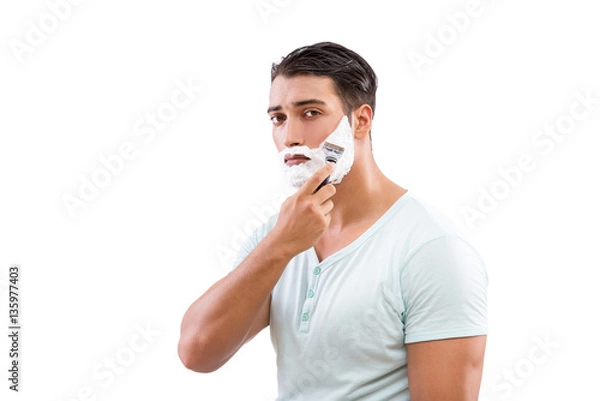 Fototapeta Handsome man shaving isolated on white