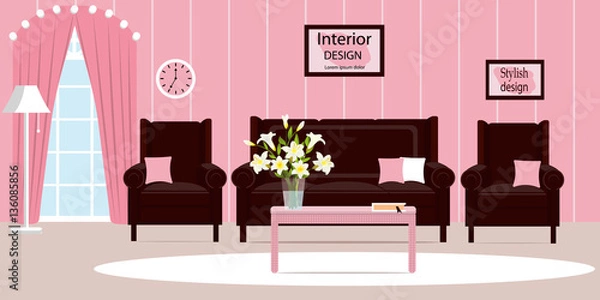 Fototapeta The interior of the living room. Cute cozy living room with furniture. Vector illustration. Flat style. Cartoon