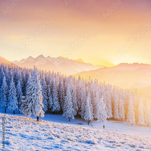 Fototapeta Colorful sunset over the mountain ranges in the national park