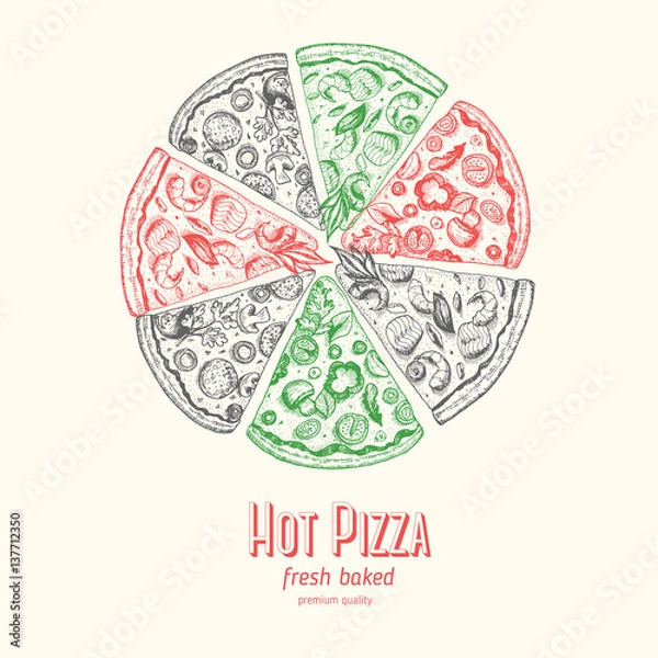 Fototapeta Italian Pizza hand drawn vector illustration. Pizza slices in a circle. Design template.