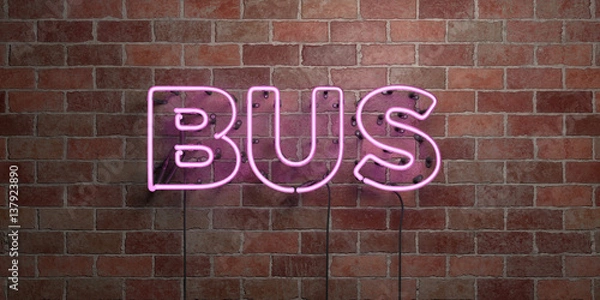 Fototapeta BUS - fluorescent Neon tube Sign on brickwork - Front view - 3D rendered royalty free stock picture. Can be used for online banner ads and direct mailers..